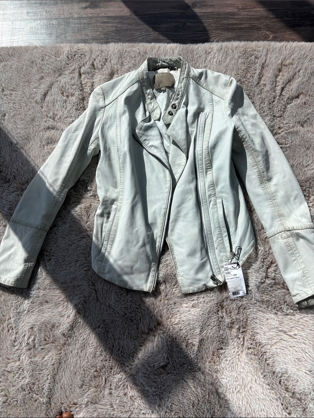 Muubaa Light Mint Green Leather Moto Jacket